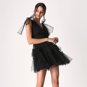 Lulus Tulle-proof Black Tulle Beaded Tie-shoulder Tiered Mini Dress - Size XS